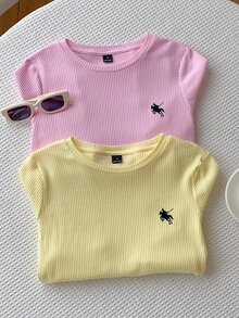 Comfortcana 2件裝 春季返校學院風長袖羅紋針織上衣，適合校園穿著，馬刺繡設計，粉色系 - 彩色 - 查看 4