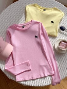 Comfortcana 2件裝 春季返校學院風長袖羅紋針織上衣，適合校園穿著，馬刺繡設計，粉色系 - 彩色 - 查看 3
