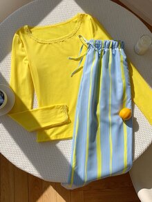 Comfortcana 女款純色對比蕾絲圓領長袖上衣與條紋長褲休閒可愛套裝居家服，淺黃藍白條紋秋季款 - 黃色 - 查看 3