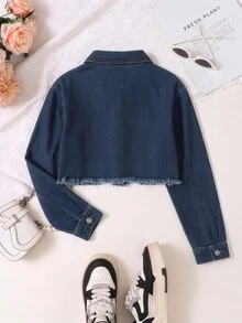 Girls' Personalized Versatile Comfortable Casual Vacation Fashion Washed Soft Distressed Street Style Daily Loose Non-Stretch Short Denim Long Sleeve Jacket, All Seasons - Dark Wash - View 2