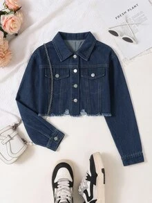 Girls' Personalized Versatile Comfortable Casual Vacation Fashion Washed Soft Distressed Street Style Daily Loose Non-Stretch Short Denim Long Sleeve Jacket, All Seasons - Dark Wash - View 3