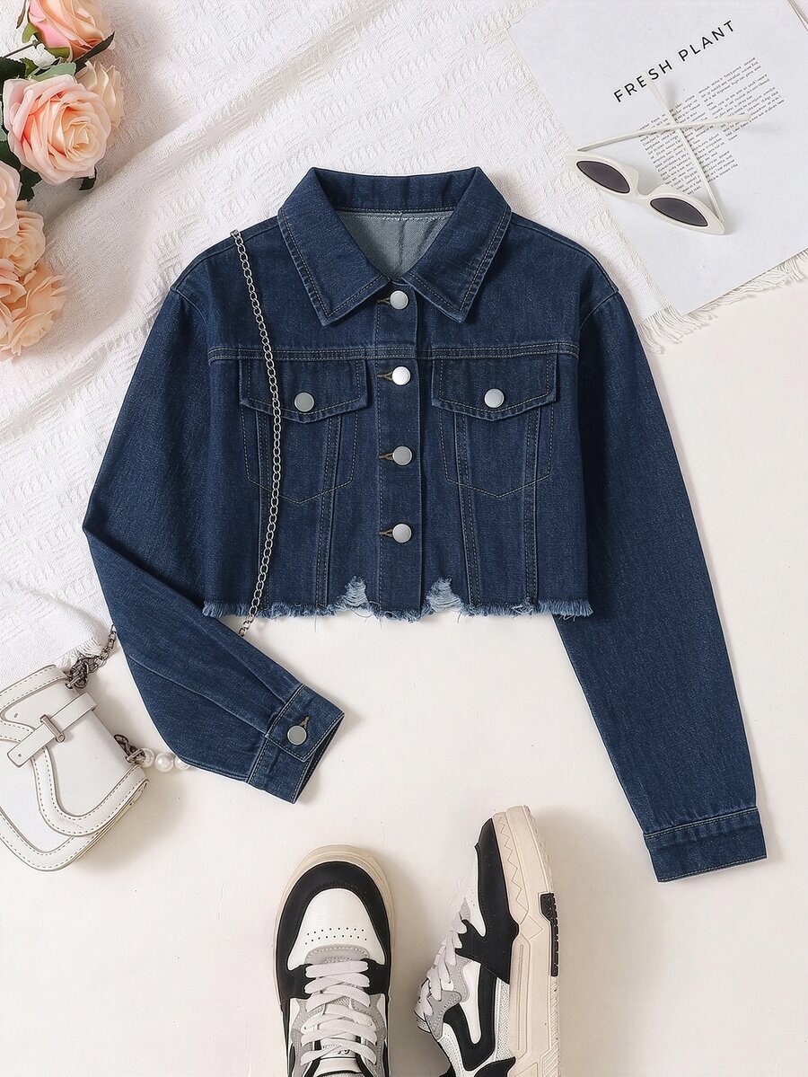 Jaket Denim Pendek Lengan Panjang Non-Stretch Kasual Nyaman dan Serbaguna untuk Anak Perempuan, Cocok untuk Liburan, Modis, Lembut, dan Bergaya Jalanan, Cocok untuk Semua Musim. - Dark Wash - View 1