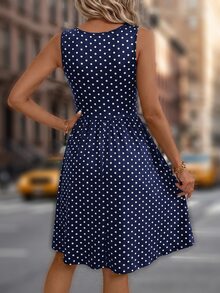 Editum Women's Polka Dot Print Casual Sleeveless Short Dress - Navy Blue - View 2