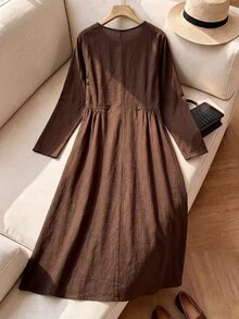 Rusticease Women's Solid Color Pleated Casual Summer Mid-Length Dress Autumn Outfits For Women - Brown - View 2