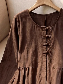 Rusticease Women's Solid Color Pleated Casual Summer Mid-Length Dress Autumn Outfits For Women - Brown - View 6