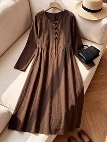 Rusticease Women's Solid Color Pleated Casual Summer Mid-Length Dress Autumn Outfits For Women - Brown - View 3