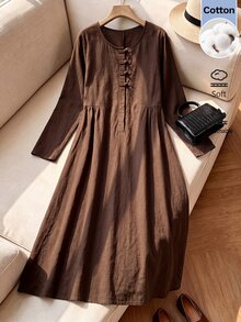 Rusticease Women's Solid Color Pleated Casual Summer Mid-Length Dress Autumn Outfits For Women - Brown - View 1