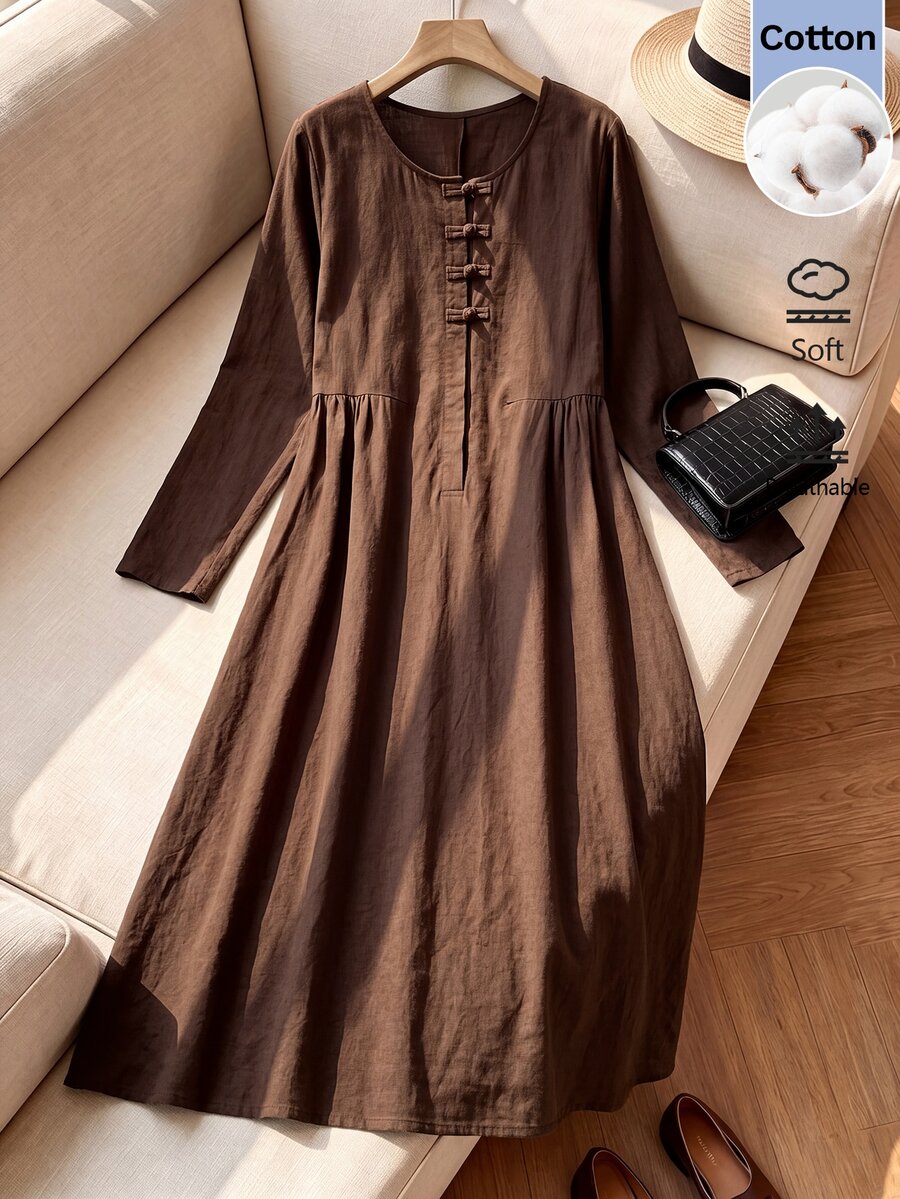 Rusticease Women's Solid Color Pleated Casual Summer Mid-Length Dress Autumn Outfits For Women - Brown - View 1