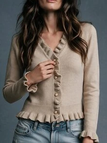 SHEIN Cardigan Rajut Pendek Wanita dengan Kerah V Berumbai dan Kancing Mutiara, Sweater Gaya Prancis yang Elegan dan Romantis, Atasan untuk Acara Keluar, Atasan Pendek, Sweater untuk Wanita - Khaki - View 6