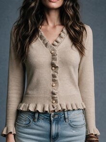 SHEIN Cardigan Rajut Pendek Wanita dengan Kerah V Berumbai dan Kancing Mutiara, Sweater Gaya Prancis yang Elegan dan Romantis, Atasan untuk Acara Keluar, Atasan Pendek, Sweater untuk Wanita - Khaki - View 4