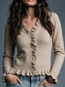 SHEIN Cardigan Rajut Pendek Wanita dengan Kerah V Berumbai dan Kancing Mutiara, Sweater Gaya Prancis yang Elegan dan Romantis, Atasan untuk Acara Keluar, Atasan Pendek, Sweater untuk Wanita - Khaki - View 1