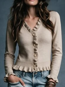SHEIN Cardigan Rajut Pendek Wanita dengan Kerah V Berumbai dan Kancing Mutiara, Sweater Gaya Prancis yang Elegan dan Romantis, Atasan untuk Acara Keluar, Atasan Pendek, Sweater untuk Wanita - Khaki - View 3