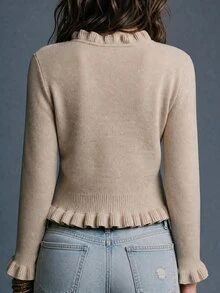 SHEIN Cardigan Rajut Pendek Wanita dengan Kerah V Berumbai dan Kancing Mutiara, Sweater Gaya Prancis yang Elegan dan Romantis, Atasan untuk Acara Keluar, Atasan Pendek, Sweater untuk Wanita - Khaki - View 2