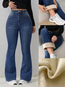 SHEIN Girlism 青少年女孩秋冬深藍色丹寧抓絨內裡彈性緊身喇叭褲返校牛仔風 - 藍色 - 查看 3