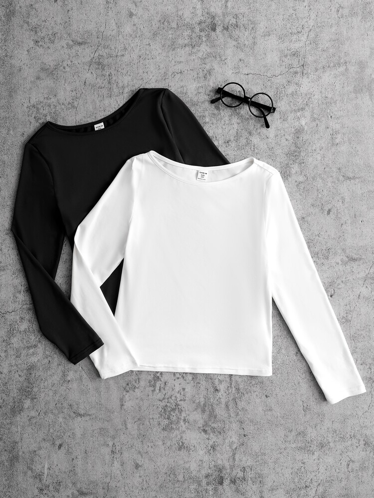 SHEIN Tween Girls Tween Girl White & Dark Grey Long Sleeve T-Shirt 2pcs Set, Comfortable Casual Everyday Wear - Multicolor - View 6