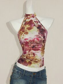 SHEIN ICON 女款露背花卉印花掛脖上衣 米色 夏季街頭風 Y2K 舞廳夜店 波希米亞鄉村音樂節圍巾式短版緊領 T-shirt - 彩色 - 查看 6
