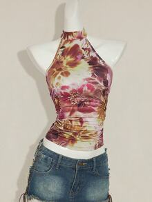 SHEIN ICON 女款露背花卉印花掛脖上衣 米色 夏季街頭風 Y2K 舞廳夜店 波希米亞鄉村音樂節圍巾式短版緊領 T-shirt - 彩色 - 查看 5