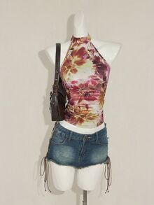 SHEIN ICON 女款露背花卉印花掛脖上衣 米色 夏季街頭風 Y2K 舞廳夜店 波希米亞鄉村音樂節圍巾式短版緊領 T-shirt - 彩色 - 查看 7