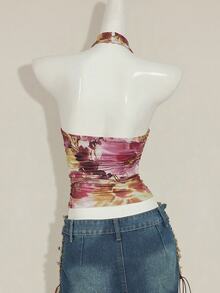 SHEIN ICON 女款露背花卉印花掛脖上衣 米色 夏季街頭風 Y2K 舞廳夜店 波希米亞鄉村音樂節圍巾式短版緊領 T-shirt - 彩色 - 查看 4