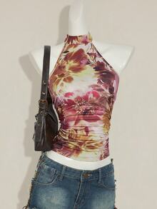 SHEIN ICON 女款露背花卉印花掛脖上衣 米色 夏季街頭風 Y2K 舞廳夜店 波希米亞鄉村音樂節圍巾式短版緊領 T-shirt - 彩色 - 查看 8