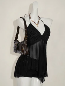 SHEIN ICON Women's Criss-Cross Halter Asymmetrical Mesh Patchwork Camisole,Rave Top - Black - View 6