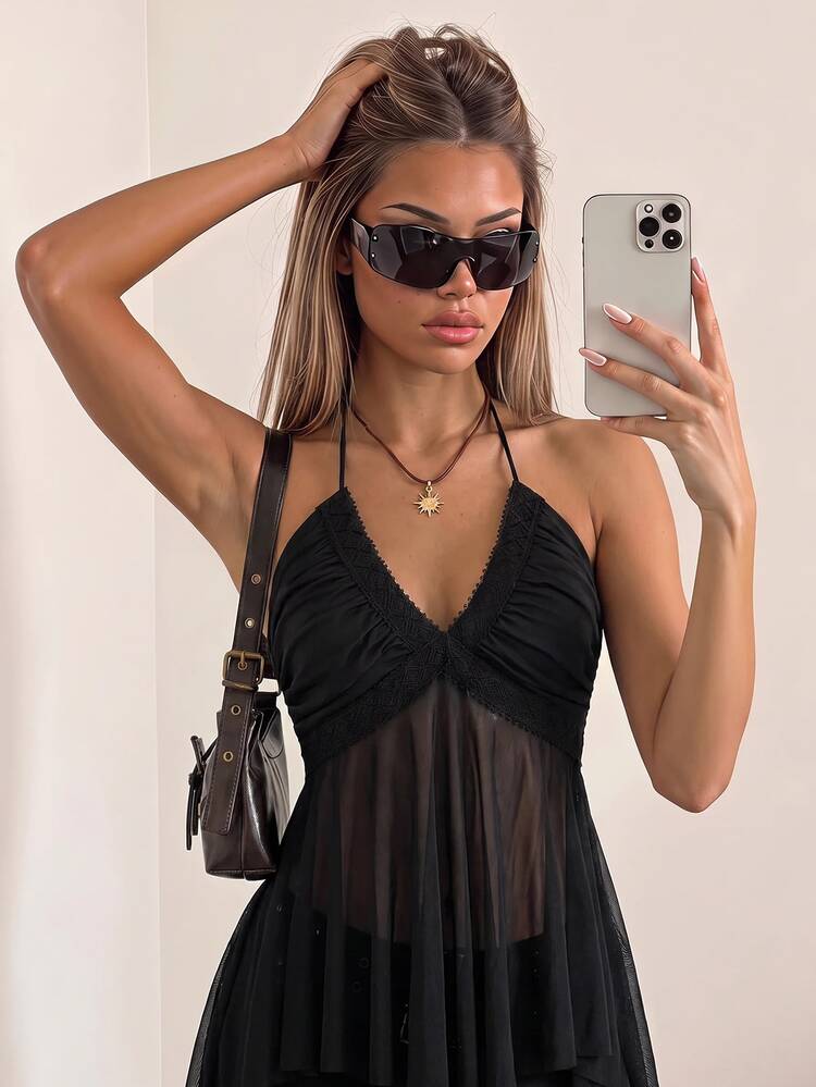 SHEIN ICON Women's Criss-Cross Halter Asymmetrical Mesh Patchwork Camisole,Rave Top - Black - View 3