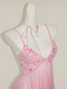 SHEIN ICON Women's Pink Sequin Embroidered V-Neck Mesh Patchwork Asymmetrical Hem Ruffle Cami Mini Dress, Figure-Hugging Sexy,Party Dresses For Women - Pink - View 5