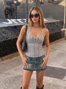 SHEIN ICON 条纹露背挂脖上衣，夏季 - 彩色 - 查看 4