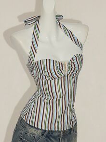 SHEIN ICON 条纹露背挂脖上衣，夏季 - 彩色 - 查看 8