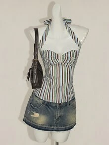 SHEIN ICON 条纹露背挂脖上衣，夏季 - 彩色 - 查看 9