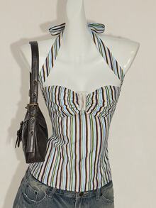 SHEIN ICON 条纹露背挂脖上衣，夏季 - 彩色 - 查看 2