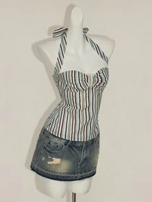 SHEIN ICON 条纹露背挂脖上衣，夏季 - 彩色 - 查看 10