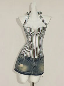 SHEIN ICON 条纹露背挂脖上衣，夏季 - 彩色 - 查看 11
