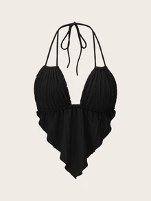 Sweetina Women's Solid Color Asymmetrical Hemline Neck Tie Backless Tank Top - Black - View 2