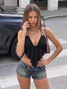 Sweetina Women's Solid Color Asymmetrical Hemline Neck Tie Backless Tank Top - Black - View 3