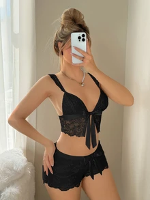 SHEIN ICON 女式合身蕾丝透视系带无袖上衣 - 黑色 - 查看 7