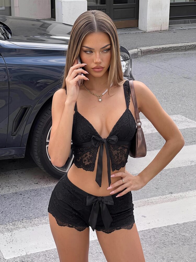 Sweetina Fitted Lace See-Through Tie Front Sleeveless Top For Women Tie Up Top Bow Top Women Lace Top Tops Cute - Black - View 3