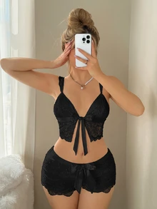 SHEIN ICON 女式合身蕾丝透视系带无袖上衣 - 黑色 - 查看 2