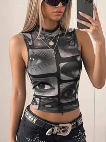 SHEIN ICON Figure Graphic Mock Neck Tank Top - Multicolor - View 1