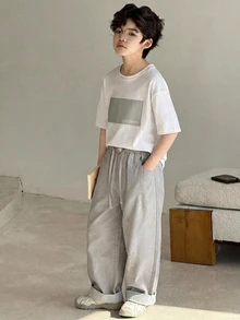 DAZY 大童男孩純色抽繩腰口袋休閒長褲 秋季 - 淺灰色 - 查看 4