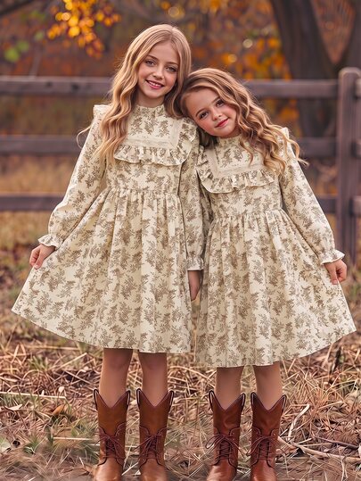 SHEIN Vintaside Kids Girls' Long Sleeve Vintage Floral Midi Dress, Little Girl Frill Trim Stand Collar Waist-Cinched A-Line Full Skirt Western Pastoral Style Spring Autumn Travel Photo Birthday Party Daily School Outing Princess Dress