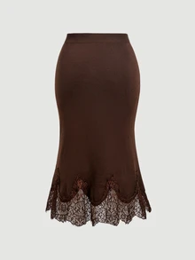 SHEIN MOD Plus Size Autumn/Winter Brown Lace Patchwork Knit Skirt, Elegant Commute Outfit, Urban Chic, Old Money Style - Brown - View 2