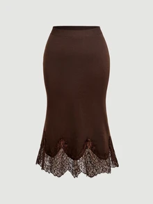 SHEIN MOD Plus Size Autumn/Winter Brown Lace Patchwork Knit Skirt, Elegant Commute Outfit, Urban Chic, Old Money Style - Brown - View 5
