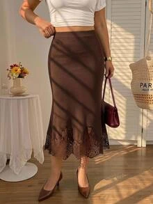 SHEIN MOD Plus Size Autumn/Winter Brown Lace Patchwork Knit Skirt, Elegant Commute Outfit, Urban Chic, Old Money Style - Brown - View 6
