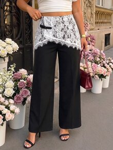 SHEIN MOD Plus Size Women's Lace Patchwork Casual Versatile Daily Wear Long Pants Fall - Black and White - View 7