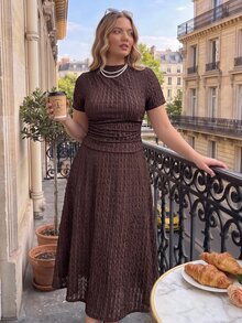 SHEIN MOD Plus Size Vintage Brown Mock Neck Two Pieces Set, Autumn/Winter Casual Home & Vacation Exclusive Outfit, Spring/Summer Vintage Style, Daily Casual Wear - Brown - View 10