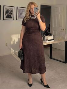SHEIN MOD Plus Size Vintage Brown Mock Neck Two Pieces Set, Autumn/Winter Casual Home & Vacation Exclusive Outfit, Spring/Summer Vintage Style, Daily Casual Wear - Brown - View 11