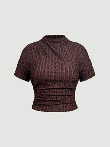 SHEIN MOD Plus Size Vintage Brown Mock Neck Two Pieces Set, Autumn/Winter Casual Home & Vacation Exclusive Outfit, Spring/Summer Vintage Style, Daily Casual Wear - Brown - View 5