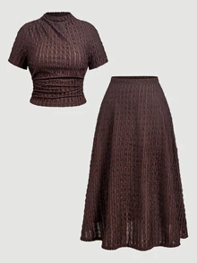 SHEIN MOD Plus Size Vintage Brown Mock Neck Two Pieces Set, Autumn/Winter Casual Home & Vacation Exclusive Outfit, Spring/Summer Vintage Style, Daily Casual Wear - Brown - View 7