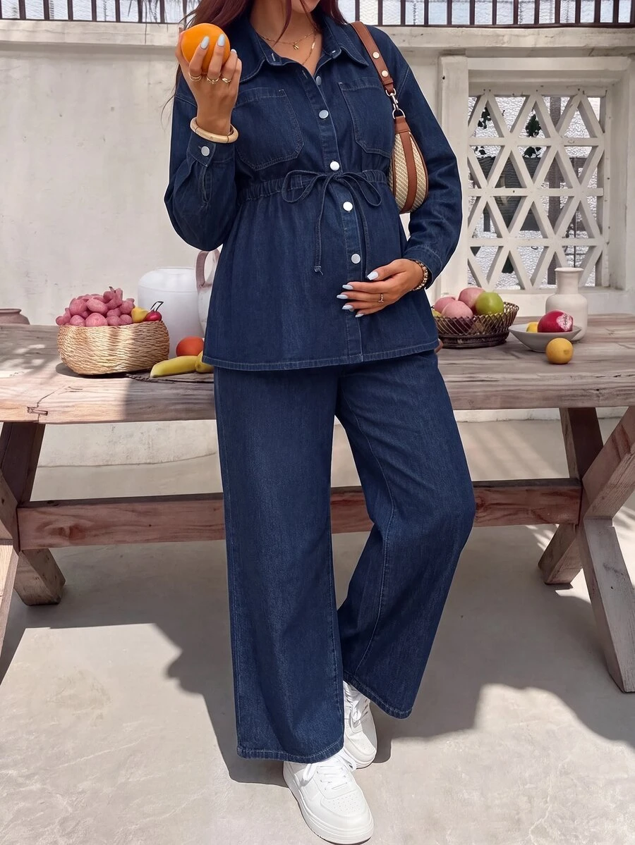 SHEIN Maternity Drawstring Waist Top And Long Pants Denim Two Pieces Set Autumn Outfits For Women Cowgirl Outfits For Women Fall - Blue - View 1